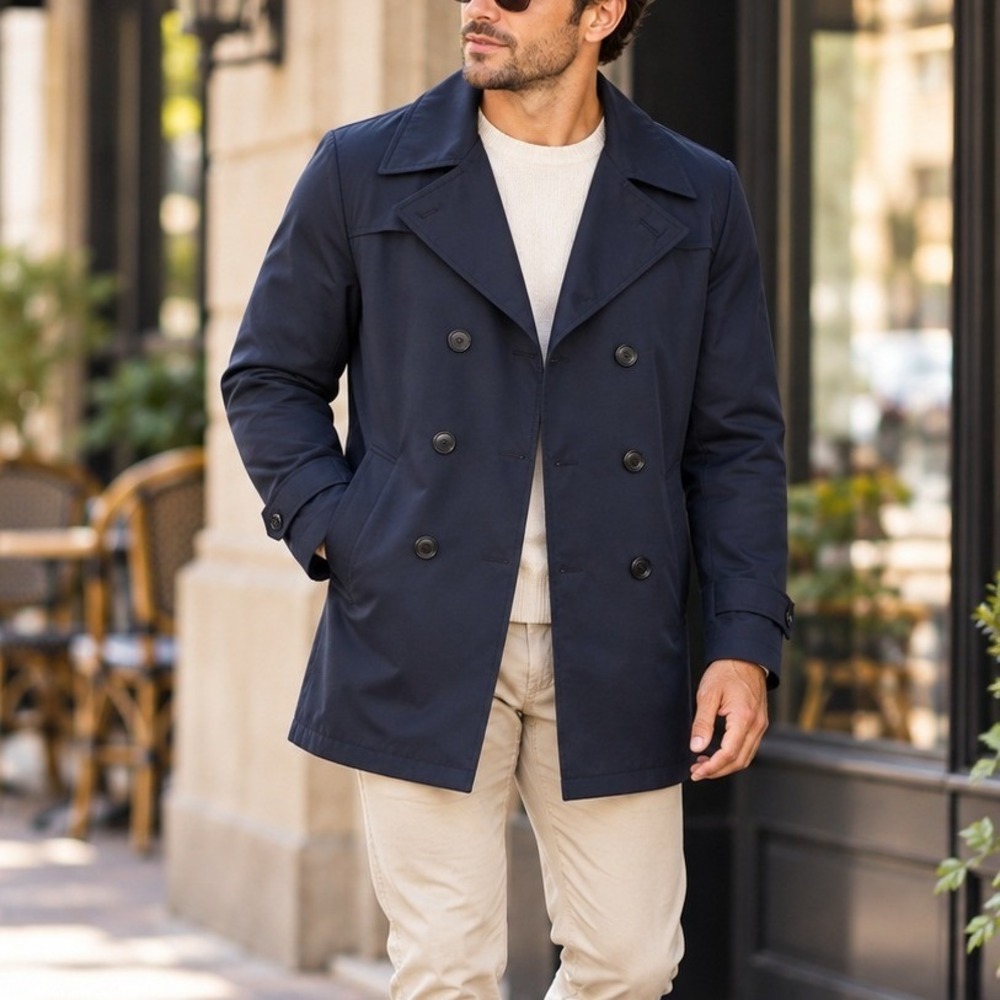 Express Mens Navy Blue Double Breasted Nylon Peacoat Jacket Small Collared Lined